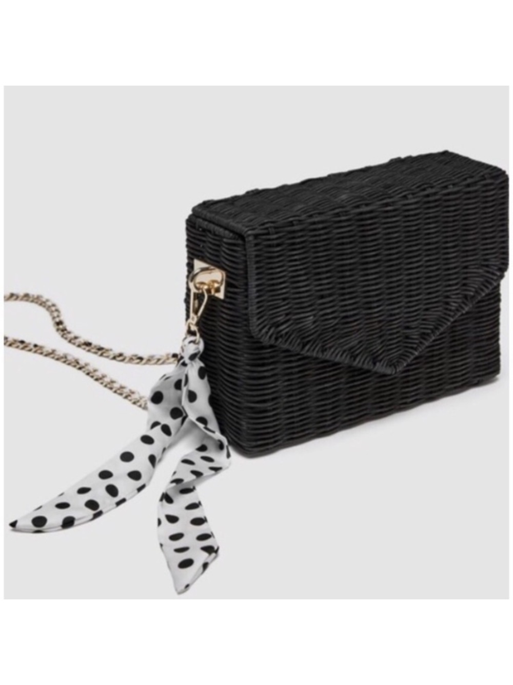 Zara Black Woven Crossbody with Gold-Trim Chain and Polka-Dot Scarf
